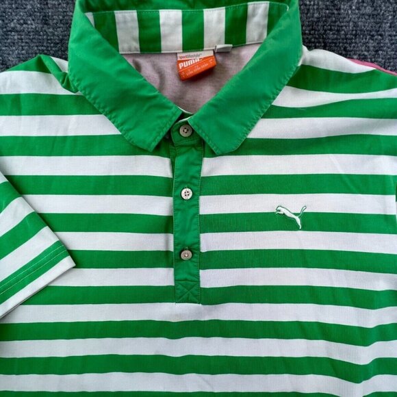 Puma Adult Mens Large Polo Short Sleeve Green Front Multicolor Back Stripe Logo - Picture 1 of 7